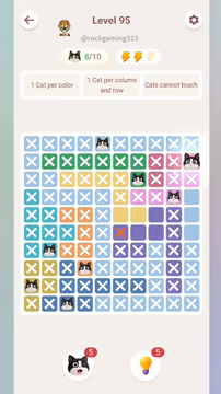 Meowdoku Level 95 step 8 screenshot showing the cat placement at J2 with 8 of 10 cats visible on the board.