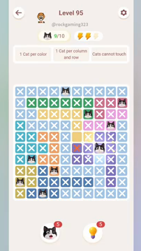 Meowdoku Level 95 step 9 screenshot showing the cat placement at H6 with 9 of 10 cats visible on the board.