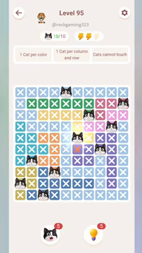 Meowdoku Level 95 step 10 screenshot showing the cat placement at F5 with 10 of 10 cats visible on the board.