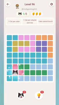 Meowdoku Level 96 step 1 screenshot showing the cat placement at B7 with 1 of 8 cats visible on the board.