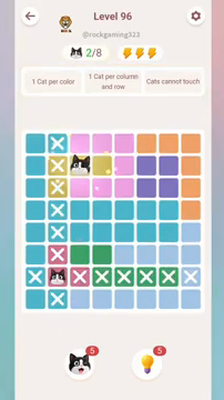 Meowdoku Level 96 step 2 screenshot showing the cat placement at C2 with 2 of 8 cats visible on the board.