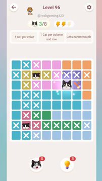 Meowdoku Level 96 step 3 screenshot showing the cat placement at F3 with 3 of 8 cats visible on the board.