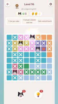 Meowdoku Level 96 step 4 screenshot showing the cat placement at E1 with 4 of 8 cats visible on the board.