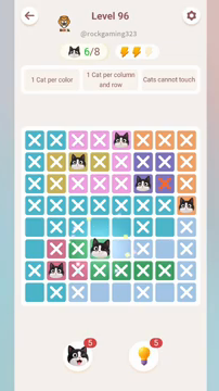 Meowdoku Level 96 step 6 screenshot showing the cat placement at D6 with 6 of 8 cats visible on the board.