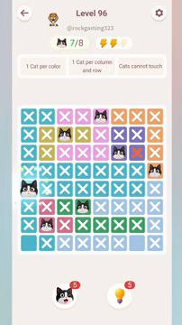 Meowdoku Level 96 step 7 screenshot showing the cat placement at A5 with 7 of 8 cats visible on the board.