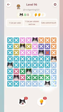 Meowdoku Level 96 step 8 screenshot showing the cat placement at G8 with 8 of 8 cats visible on the board.