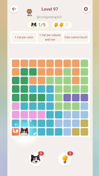 Meowdoku Level 97 step 1 screenshot showing the cat placement at B9 with 1 of 9 cats visible on the board.