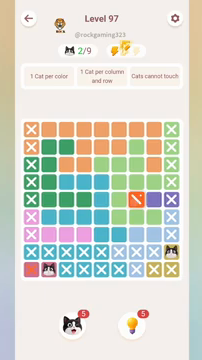 Meowdoku Level 97 step 2 screenshot showing the cat placement at I8 with 2 of 9 cats visible on the board.