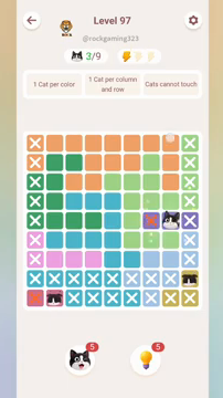 Meowdoku Level 97 step 3 screenshot showing the cat placement at H5 with 3 of 9 cats visible on the board.