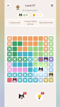 Meowdoku Level 97 step 4 screenshot showing the cat placement at G7 with 4 of 9 cats visible on the board.