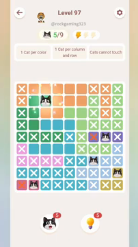 Meowdoku Level 97 step 5 screenshot showing the cat placement at C2 with 5 of 9 cats visible on the board.