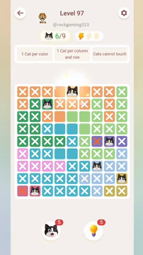 Meowdoku Level 97 step 6 screenshot showing the cat placement at E1 with 6 of 9 cats visible on the board.