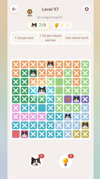 Meowdoku Level 97 step 7 screenshot showing the cat placement at D4 with 7 of 9 cats visible on the board.