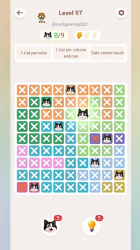 Meowdoku Level 97 step 8 screenshot showing the cat placement at F3 with 8 of 9 cats visible on the board.