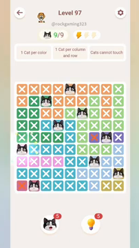 Meowdoku Level 97 step 9 screenshot showing the cat placement at A6 with 9 of 9 cats visible on the board.