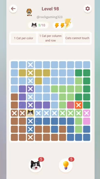 Meowdoku Level 98 step 1 screenshot showing the cat placement at C7 with 1 of 10 cats visible on the board.