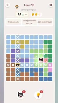 Meowdoku Level 98 step 2 screenshot showing the cat placement at H6 with 2 of 10 cats visible on the board.