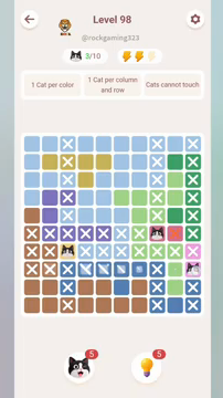 Meowdoku Level 98 step 3 screenshot showing the cat placement at J8 with 3 of 10 cats visible on the board.