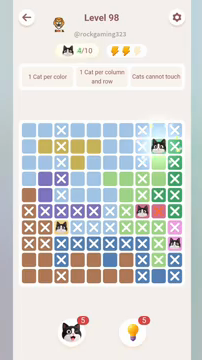 Meowdoku Level 98 step 4 screenshot showing the cat placement at I2 with 4 of 10 cats visible on the board.