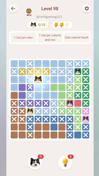 Meowdoku Level 98 step 5 screenshot showing the cat placement at D3 with 5 of 10 cats visible on the board.
