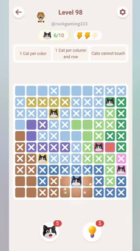 Meowdoku Level 98 step 6 screenshot showing the cat placement at F9 with 6 of 10 cats visible on the board.