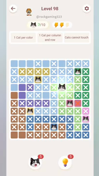Meowdoku Level 98 step 7 screenshot showing the cat placement at G4 with 7 of 10 cats visible on the board.
