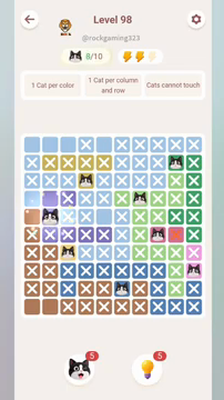 Meowdoku Level 98 step 8 screenshot showing the cat placement at B5 with 8 of 10 cats visible on the board.