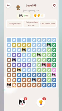 Meowdoku Level 98 step 9 screenshot showing the cat placement at A10 with 9 of 10 cats visible on the board.