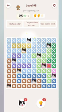 Meowdoku Level 98 step 10 screenshot showing the cat placement at E1 with 10 of 10 cats visible on the board.