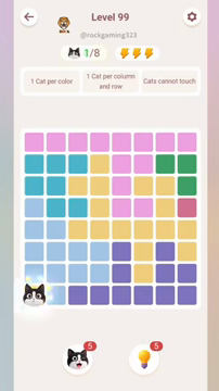 Meowdoku Level 99 step 1 screenshot showing the cat placement at A8 with 1 of 8 cats visible on the board.