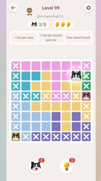Meowdoku Level 99 step 3 screenshot showing the cat placement at G2 with 3 of 8 cats visible on the board.