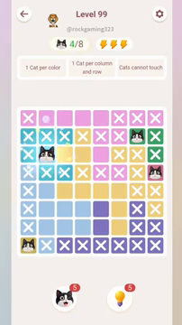 Meowdoku Level 99 step 4 screenshot showing the cat placement at B3 with 4 of 8 cats visible on the board.