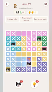 Meowdoku Level 99 step 5 screenshot showing the cat placement at E7 with 5 of 8 cats visible on the board.