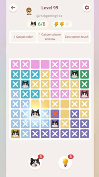 Meowdoku Level 99 step 6 screenshot showing the cat placement at C6 with 6 of 8 cats visible on the board.