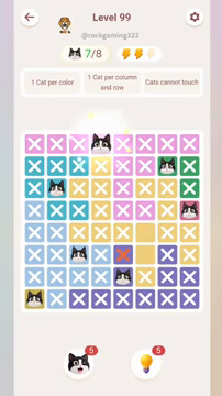 Meowdoku Level 99 step 7 screenshot showing the cat placement at D1 with 7 of 8 cats visible on the board.