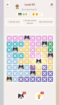 Meowdoku Level 99 step 8 screenshot showing the cat placement at F5 with 8 of 8 cats visible on the board.