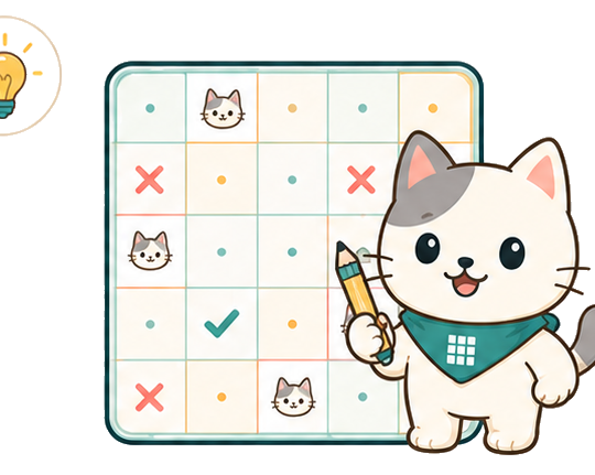 Cat mascot beside an original practice cat logic puzzle board