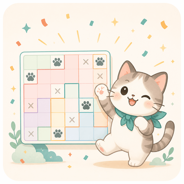 Meowdoku 연습 퍼즐 완료를 축하하는 고양이